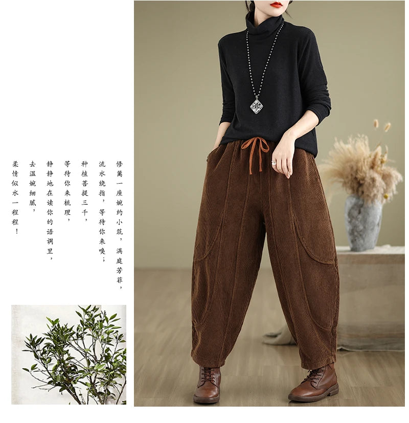 Oversized Corduroy Autumn Winter Elastic High Waist Harem Pant Women Casual Modis Ladies Trousers Pleated Loose Woman Harem Pant