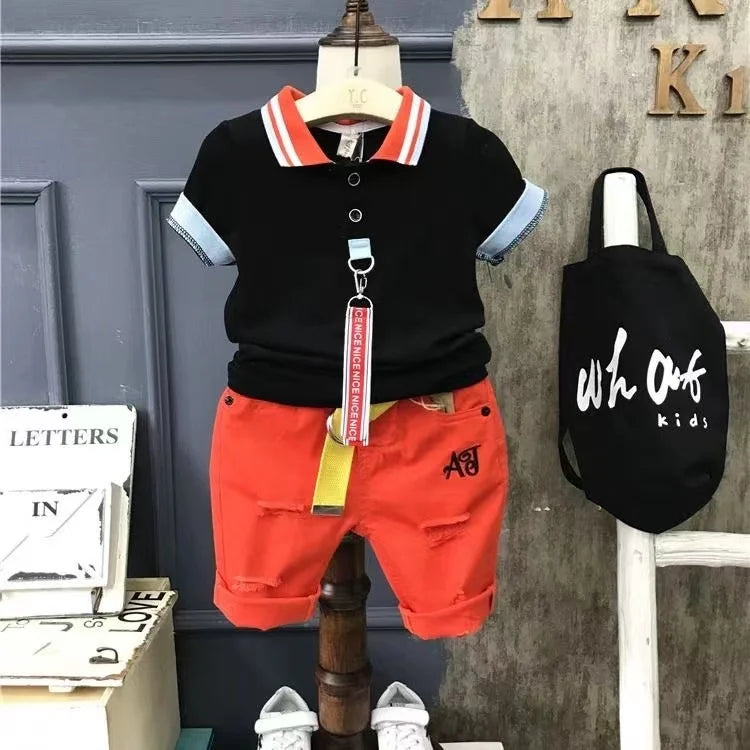 Boys' Summer 2024 New Set Summer Children's Clothing Children's Clothing Boys' Black T-shirt+Shorts Kids Outfits