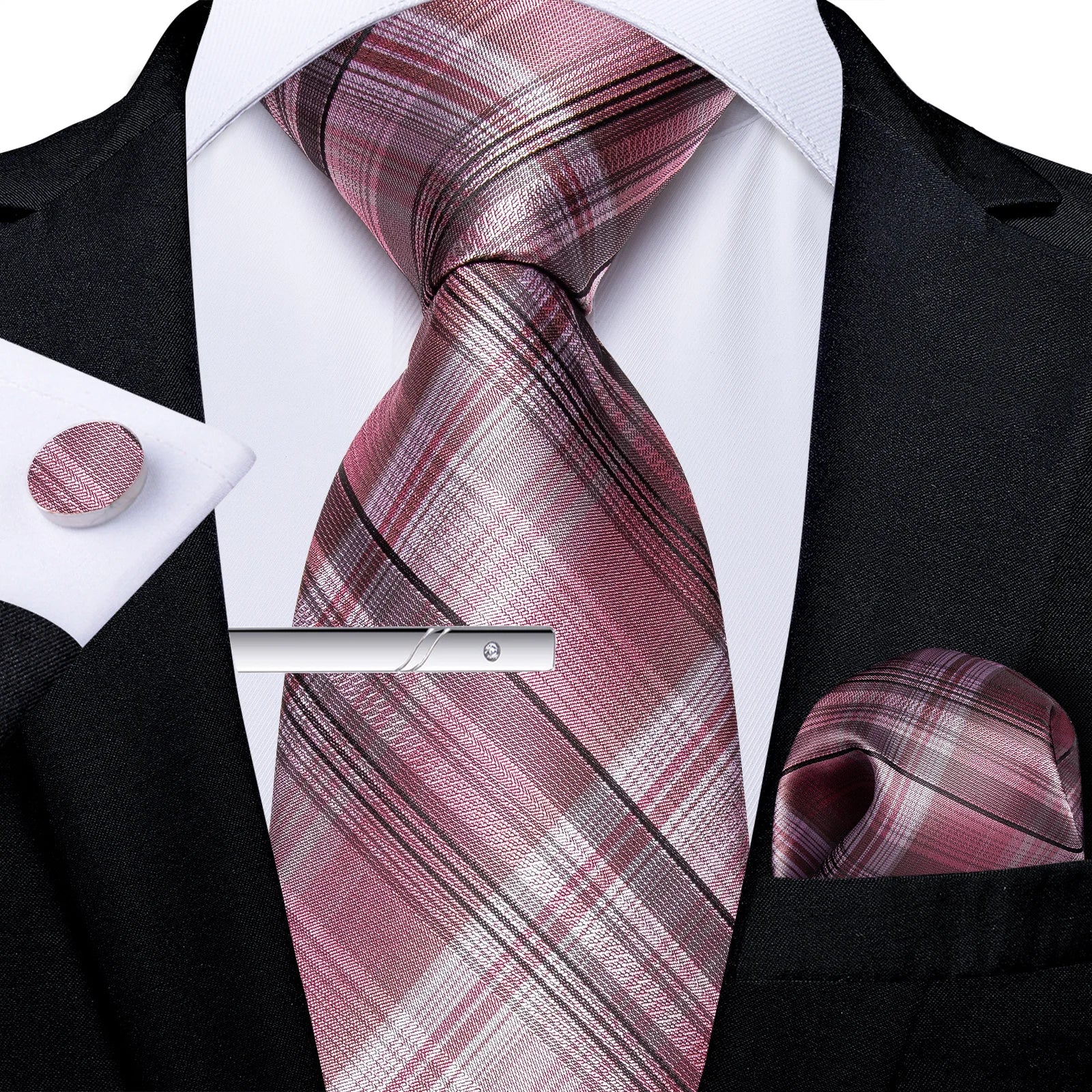 Men's Tie Set with Clip Luxury Retro Red Blue Floral 8cm Necktie Handkerchief Cufflinks Wedding Party Business Accessories Gift