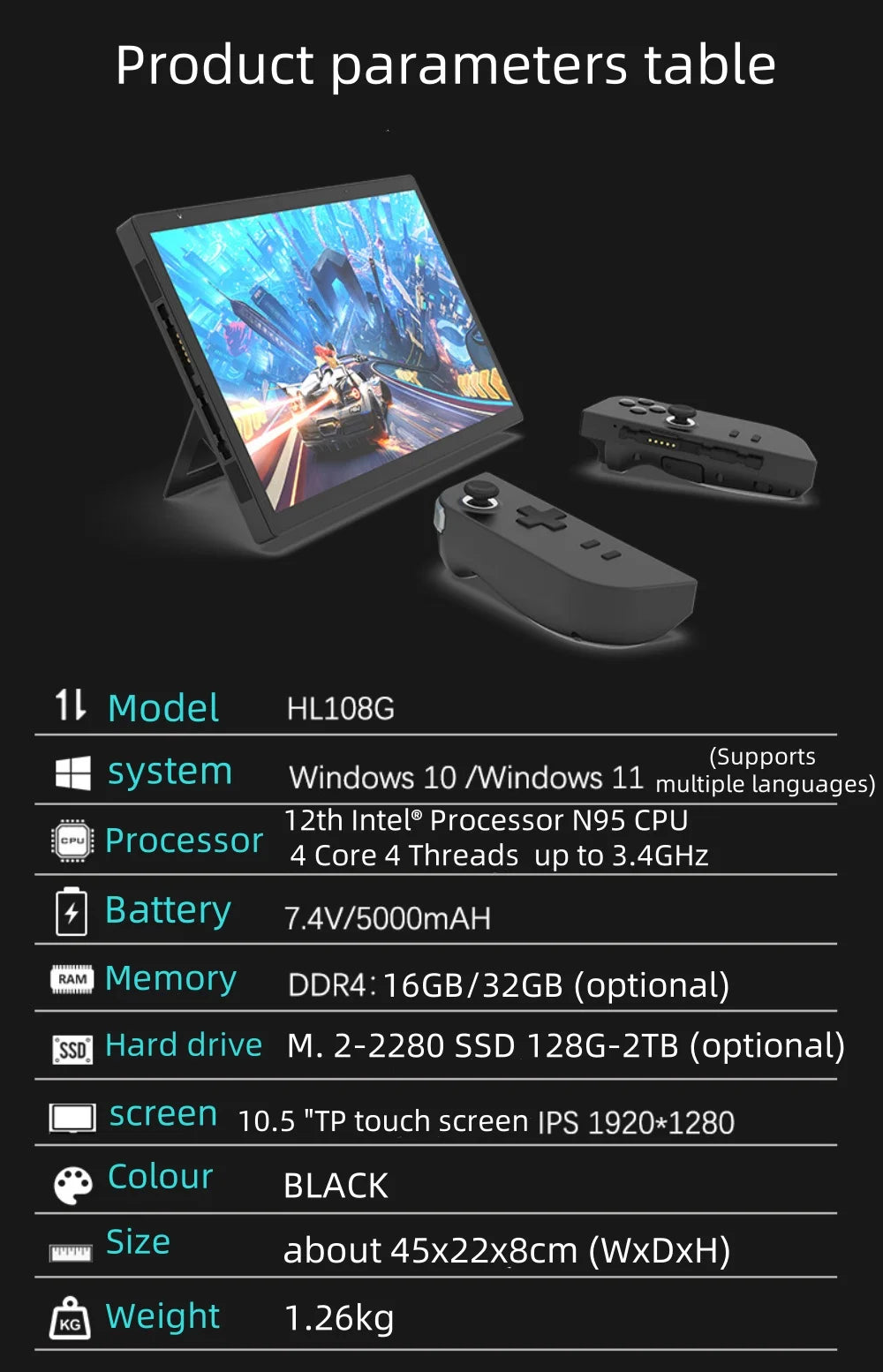 Mini Win dows Gaming PC 10.5 Inch Touch Screen Intel N95 2.0MP Camera mini laptop Detachable Gamepad Portable Handheld Gaming PC