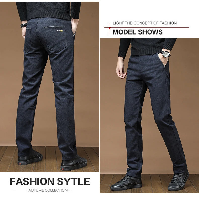 Winter Fashion Thermal Mens Casual Pants Fleece Lined Straight  Business Trousers Versatile Black Gray Blue Brand Trousers