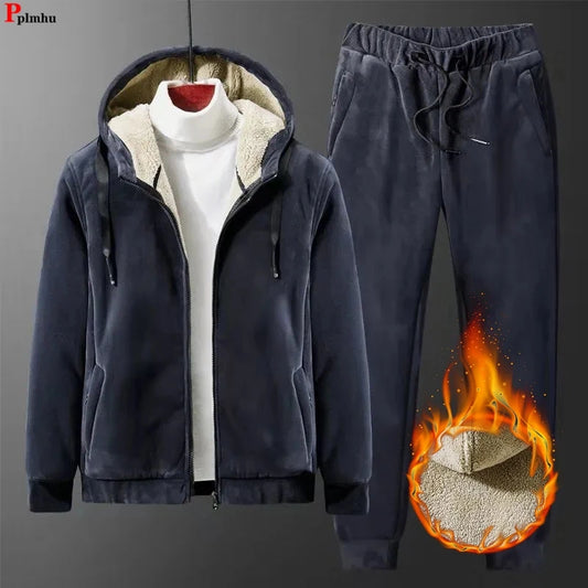 Winter Lambwool Lined 2 Pieces Sets Hooded Thicken Sweatshirt Tracksuit High Waist Harem Pant Suits Velvet Snow Wear Warm Outfit