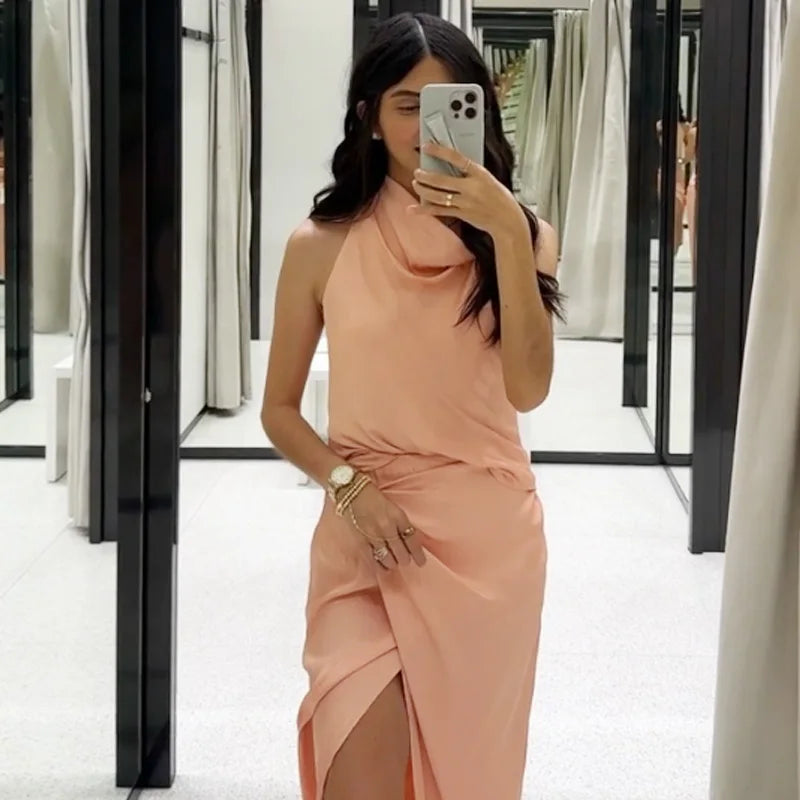 TRAF Satin Skirt Set Elegant Women's Sets Backless Halter Top Woman 2 Piece Set Outfit Fashion Midi High Waist Wrap Skirt Suits