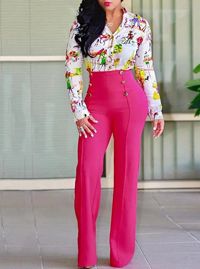 Elegant Casual  High Waist Wide Leg Pants Fashion Loose Button Long Pant Office Solid Spring Autumn Womens Clothing New Pant