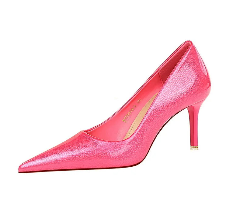 BIGTREE Elegant Simple Woman Heels Slim Heels High Heels Shallow Mouth Pointed Crystal Patent Leather Single Shoes  Women Shoes