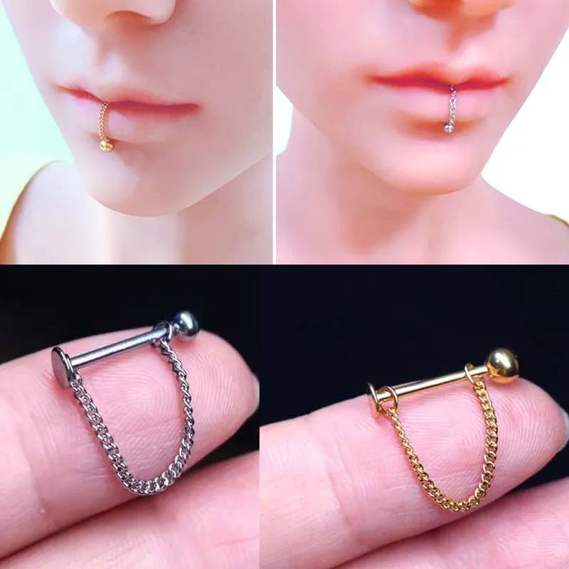 2PCS  New Stainless Steel Lip Piercing Chain Labret Lip Stud  Straight Bar In The Lips Labial Piercing Trendy Body Jewelry