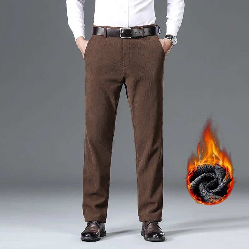 Winter New Corduroy Thick Pants Men's Fleece Fashion Business Straight Trousers Brand Comfortable Velvet Warm Plush Loose Pants