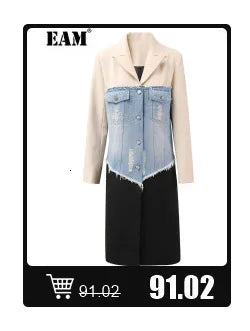 [EAM] Women Beige Irregular Hem Buckle Long Elegant Blazer New Lapel Long Sleeve Jacket Fashion Tide Spring Autumn 2025 CPDB133