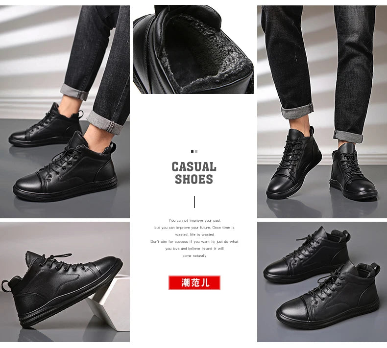 Genuine Leather Men's Casual Shoes Fashion High Top Sneakers Shoes Winter Wool Fur Warm Men Boots Outdoor Snow Non-Slip Footwear