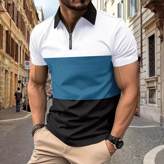 Summer Men Clothes Short Sleeve Spell Color Zipper Polo Shirt Men Casual Lapel Golf Polo Shirt Elasticity Comfortable Tops