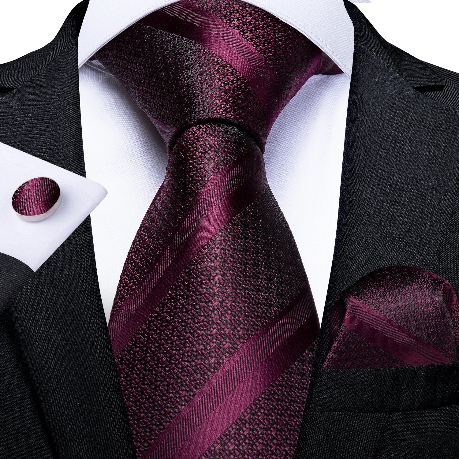 Solid Black Plaid Men's 8cm Polyester Neck Tie Handkerchief Cufflinks Set with Gift Box Tie Clip Birthday Anniversary Gift