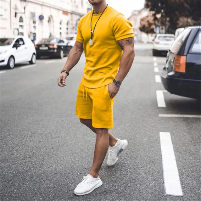 Solid Color Europe and The United States Men's 13 Color Summer New Short Sleeve Tshirt +Shorts 2pcs Set Leisure Sports Men Suit