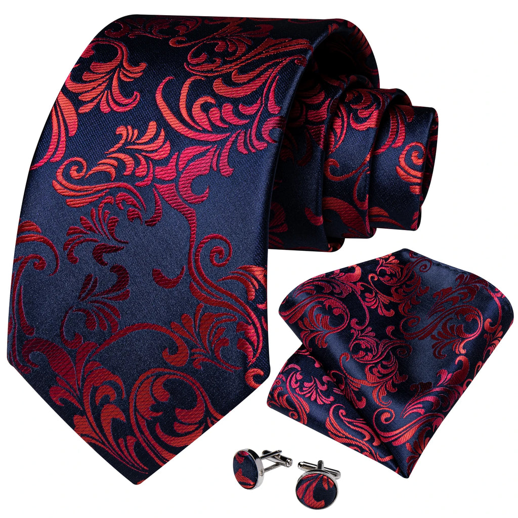 Men's Floral Red 8cm Ties Handkerchief Cufflinks Metal Ring Brooch Pin 5 Pcs Set Wedding Party Suits Accessory Gift for Husband
