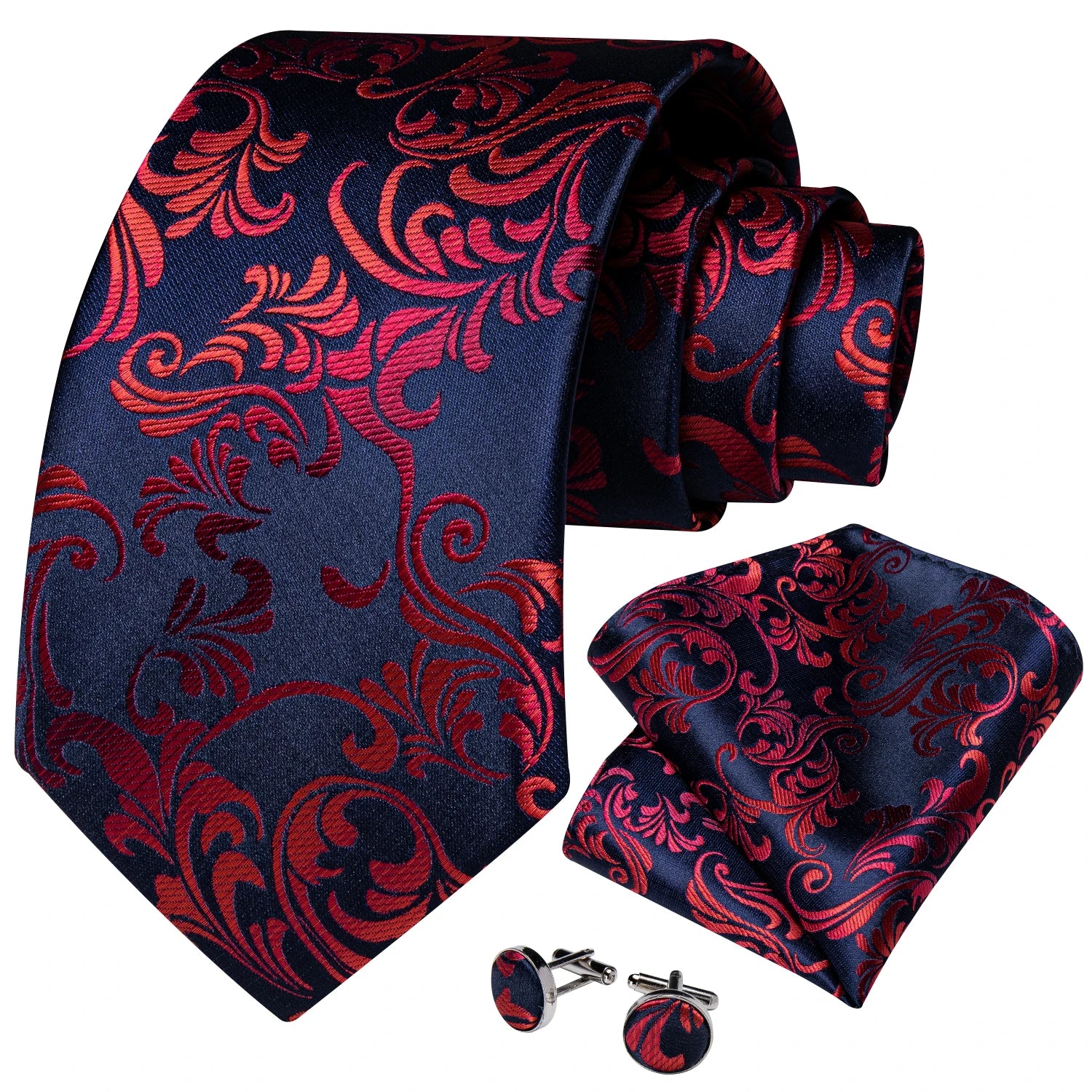 Men's Floral Red 8cm Ties Handkerchief Cufflinks Metal Ring Brooch Pin 5 Pcs Set Wedding Party Suits Accessory Gift for Husband
