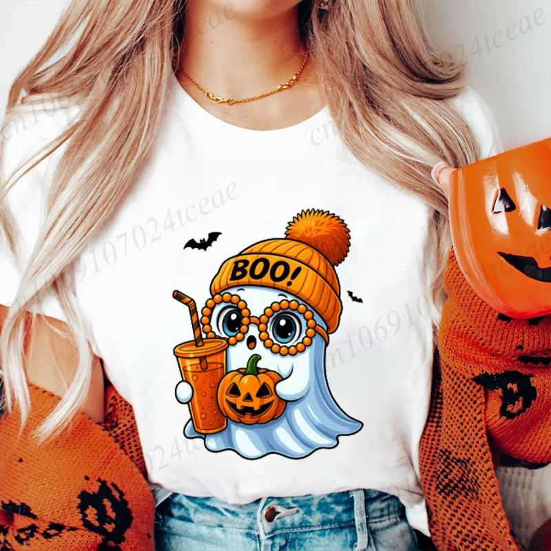 Halloween Horror Ghost Tee Women Clothing Y2K Designer T Shirt Female Cute Ghost Halloween Funny Streetwear Anime Tee Clothes