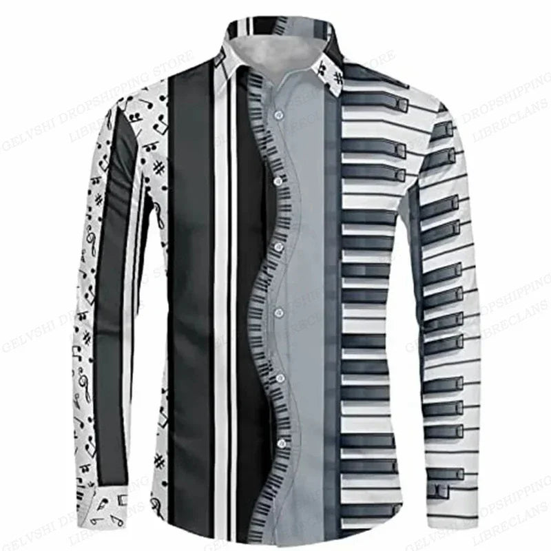 Long Sleeve Hawaiian Shirts Men Fashion Music Hawaii Shirt Instrument Beach Blouses Single Breasted Camisas Men's Clothing Aloha