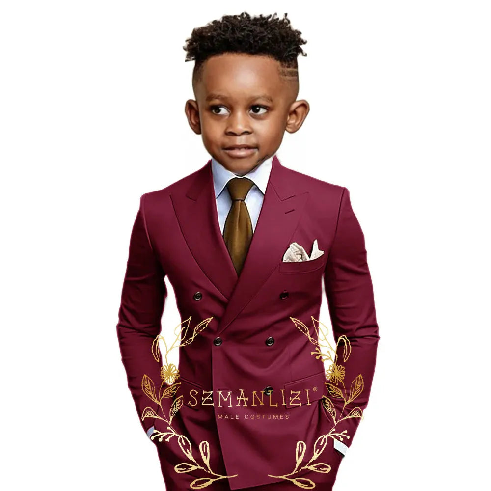 Brown Boys Suit Double Breasted Jacket Pants 2 Piece Set Business Style Formal Wedding Tuxedo Custom Size Blazer Kids