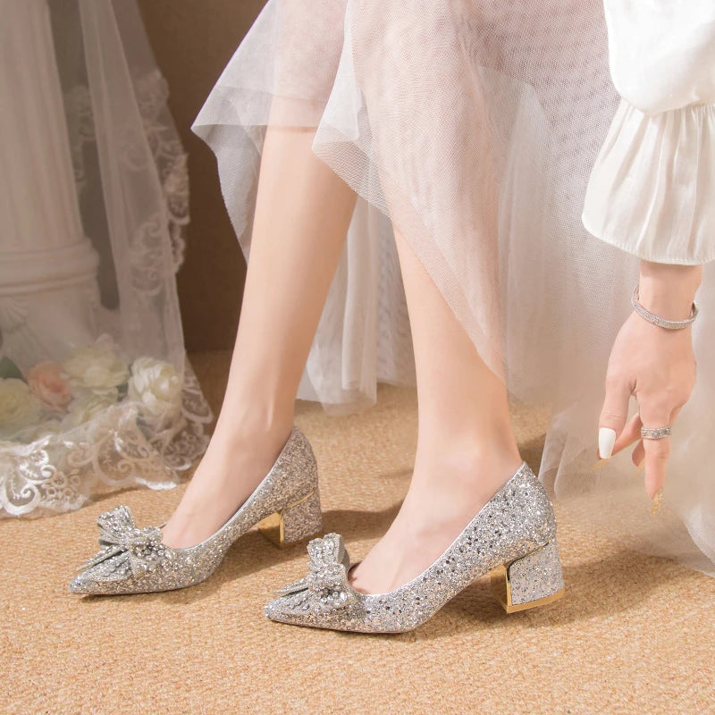 Wedding Shoes for Women 2024 Brand Fashion Women's High Heels Summer Pointed Toe New Crystal Butterfly-knot Bride Shoes