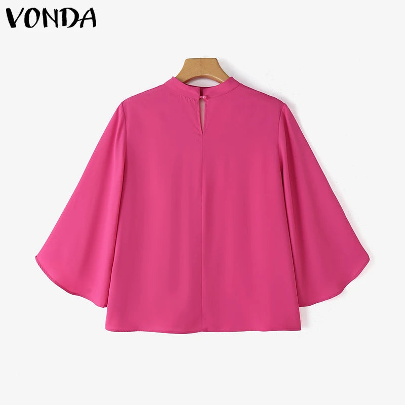 VONDA Plus Size Fashion Blouse Women Elegant OL Shirts Casual Hollow Out V Neck Solid Color Tunic Tops 3/4 Sleeve Blusas 5XL