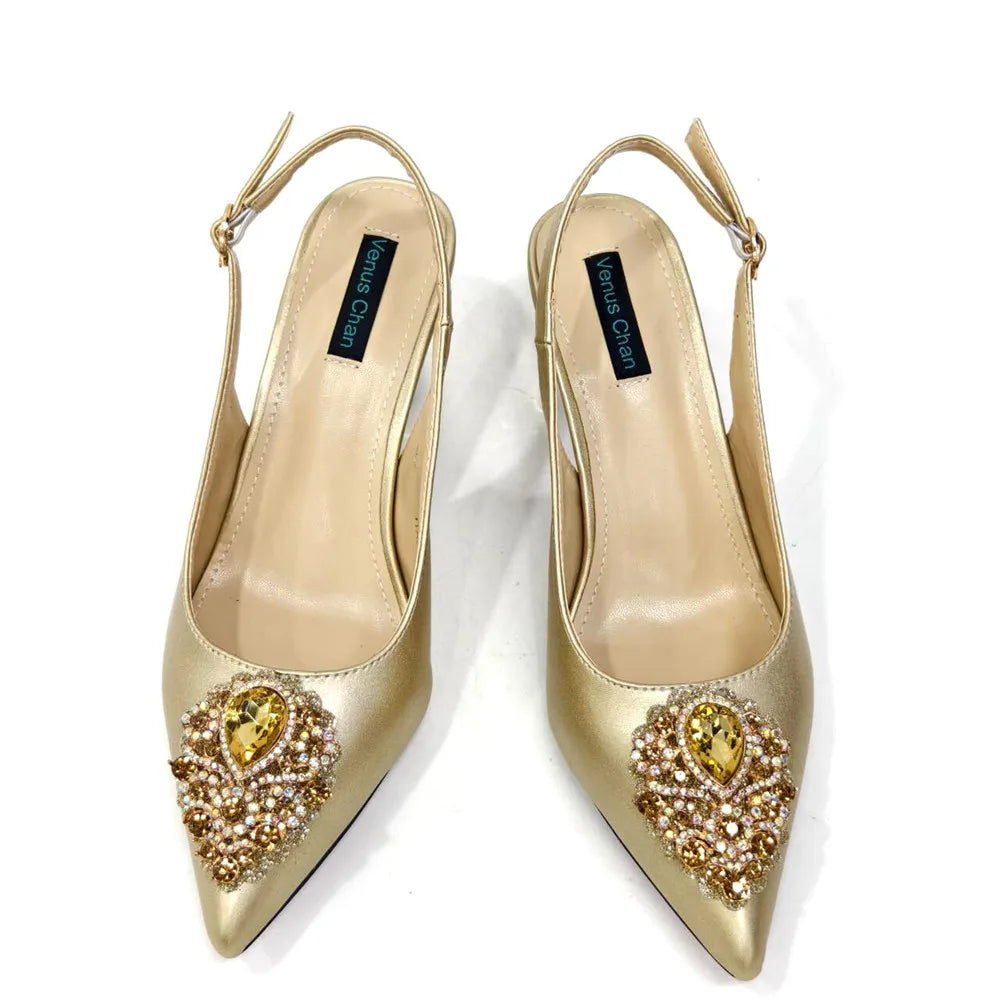 Italian 2024 Fashion Design Diamond Chain Full Diamond Bag And Pointed High Heels Noble And Generous Decoration Full Diamond