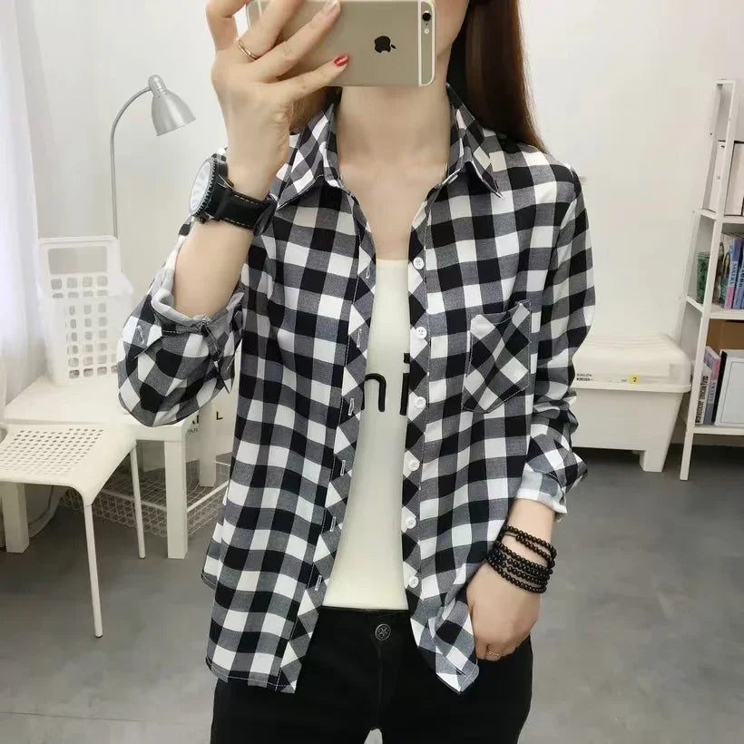 2024 Autumn New College Style Plaid Shirts Womens Long sleeve Button Down Casual Tops Loose Fashion Polo Neck Blouses