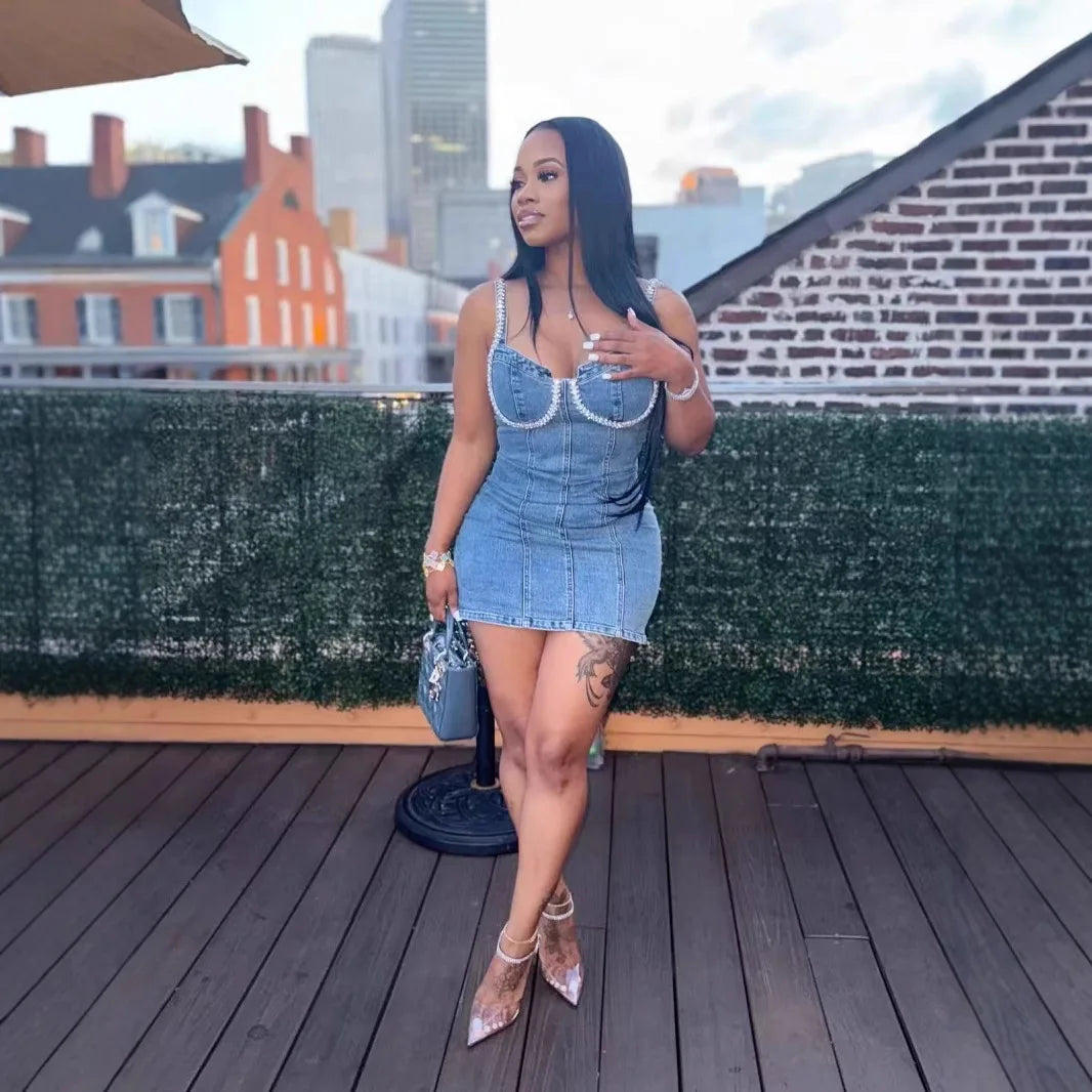 Camisole Dress Sexy Sleeveless Women Denim Dresses Solid Spliced Sheath Slim Washed Distressed 2025 Summer Wrap Buttocks