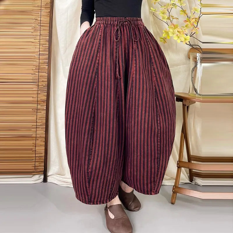High Quality Cotton Linen Casual Pants Women New Arrival 2024 Autumn Vintage Style Striped Female High Waist Harem Pants M075