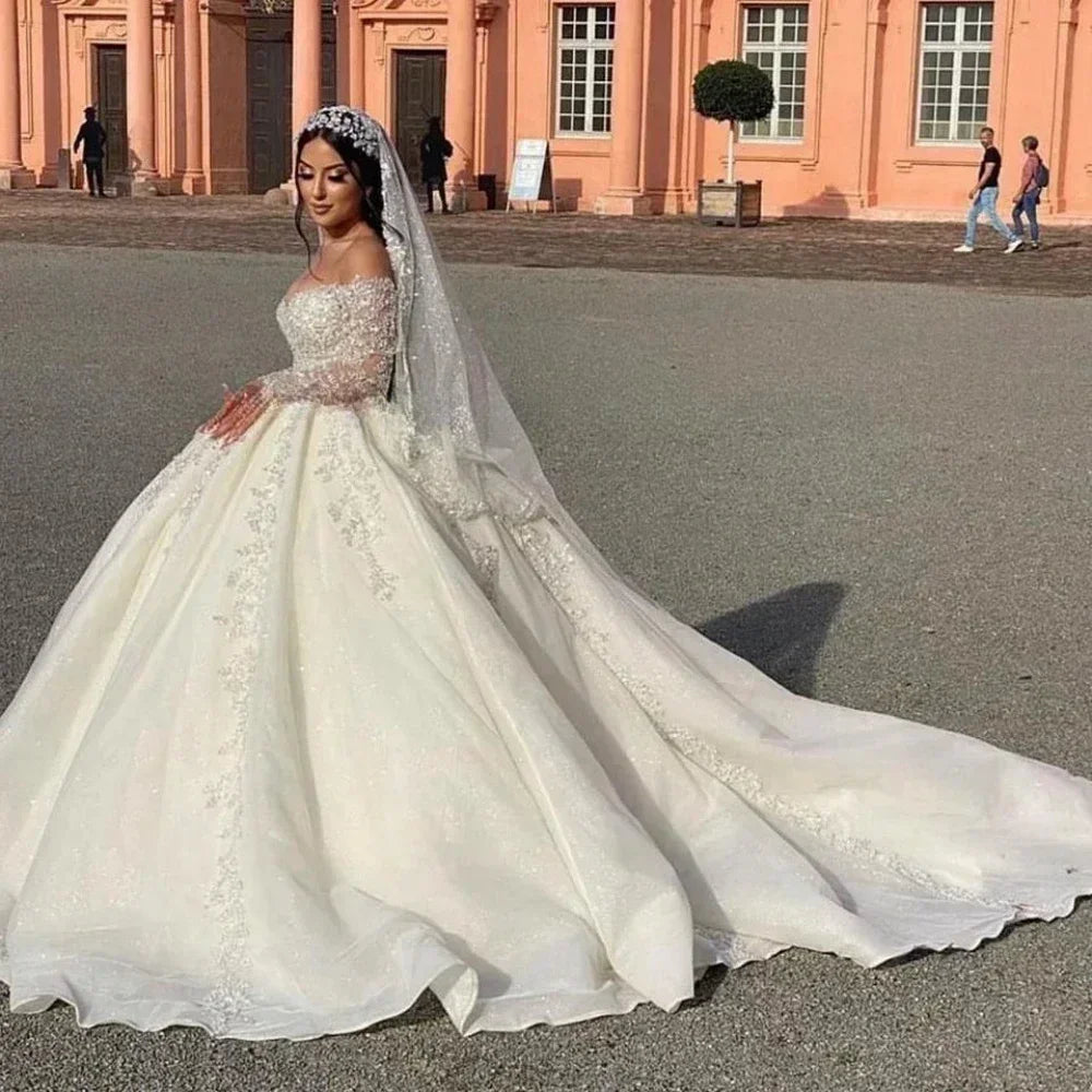 Customized Sparkly V-neck Wedding Dresses Off The Shoulder Lace Applique Bride Gown Ball Gown Long Robe Vestido De Novia 2025