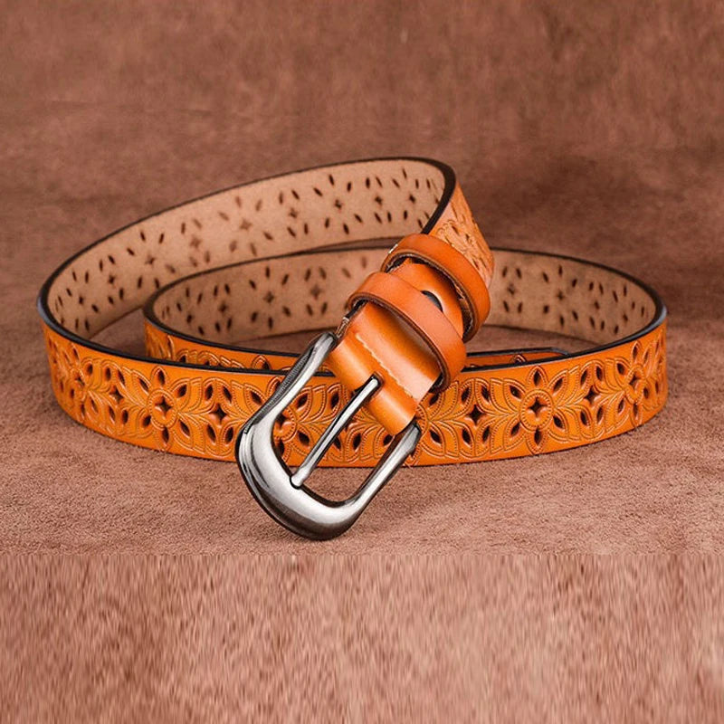115CM New Belt Hollow Pattern Belt Ladies Trend Waistband Genuine Woman Belt Vintage Pin Buckle Imitation Leather Strap Jeans