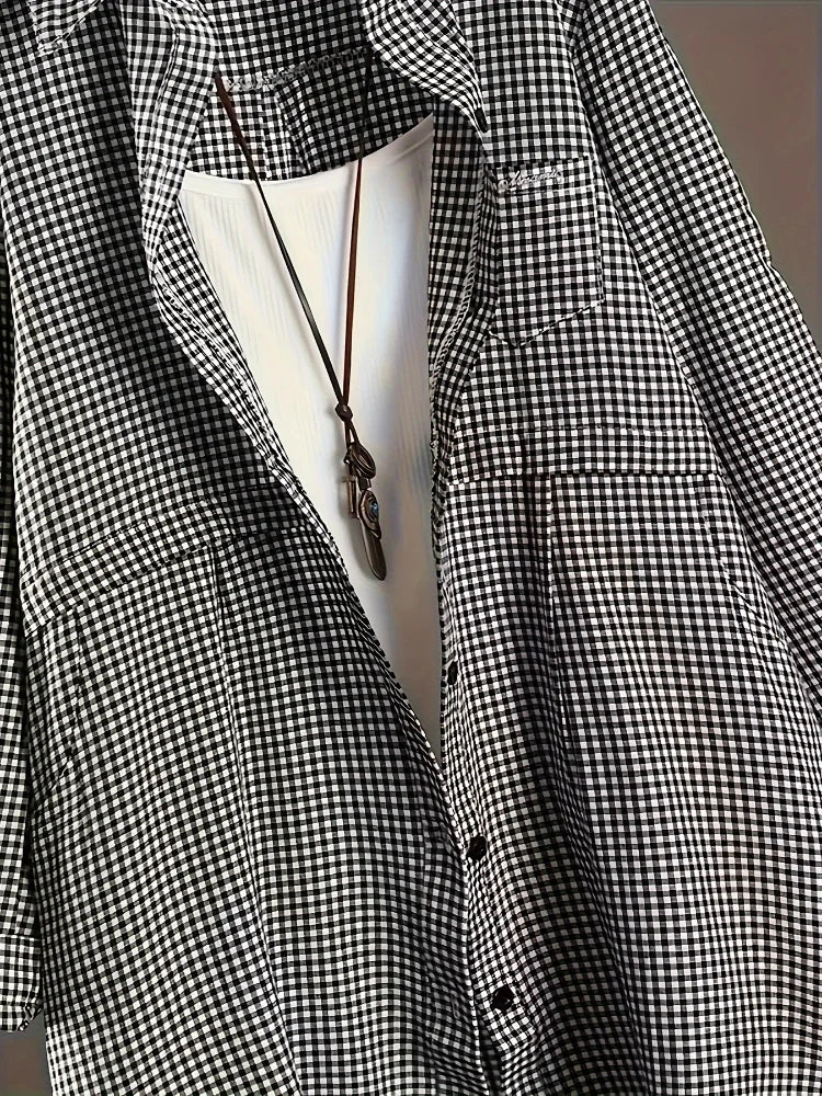 Plus Size New Korean Fashion Blouses Plaid Button Solid Midi Autumn Shirt Female All-match Loose Long Sleeve Polo-Neck Blouse