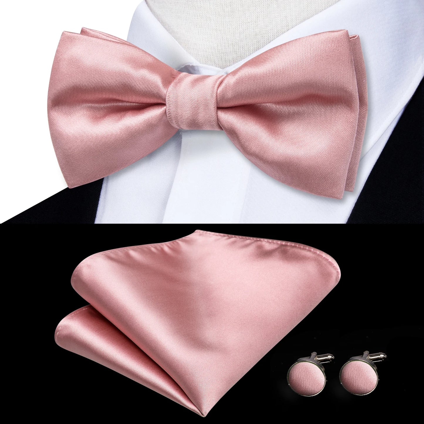 Hi-Tie Pink Dot Silk Mens Pre-tied Bow Tie Hanky Cufflink Set Dusty Pink Butterfly Knot Bowtie for Male Wedding Business