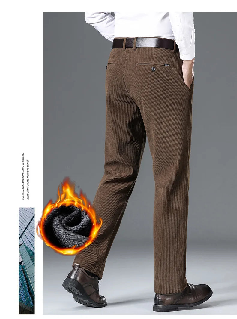 Winter New Corduroy Thick Pants Men's Fleece Fashion Business Straight Trousers Brand Comfortable Velvet Warm Plush Loose Pants