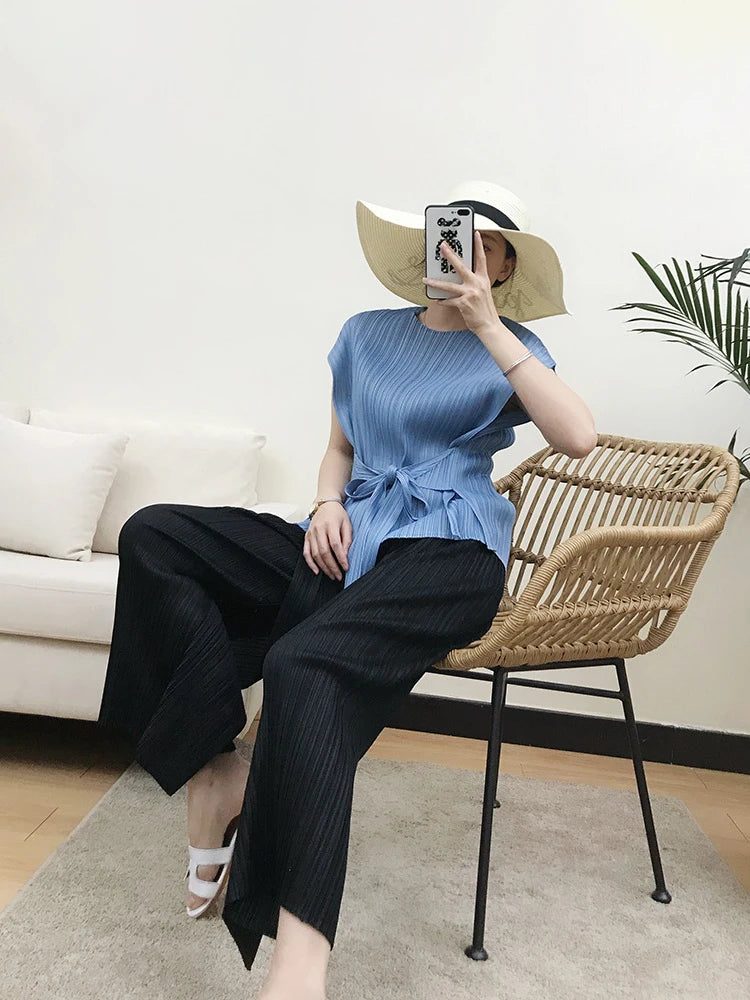 Miyake Pleated Black High Waist Split Side Straight Pants Women Causal Loose Cropped Trousers