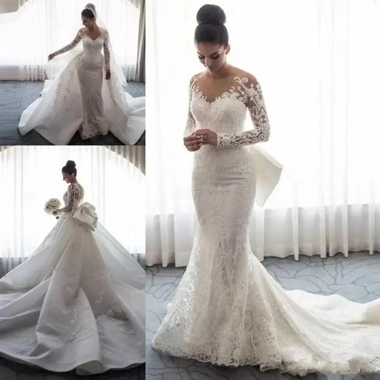 Customized Mermaid Wedding Dresses Sheer Neck Long Sleeves Illusion Full Lace Applique Bow Overskirts Button Back Chapel Train B