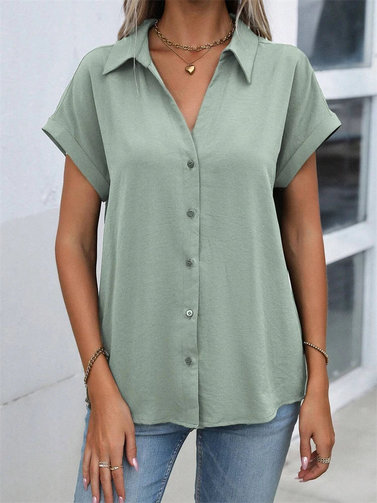 Classic Solid Color Short-sleeved Shirt Women's Summer New Casual Wind Tie Buckle Slim Short-sleeved Shirt Flip Collar Blouse