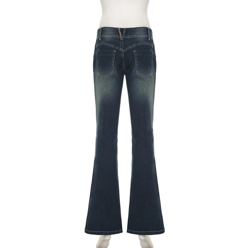 Cuteandpsycho Fashion Low Waisted Washed Flared Jeans Button Harajuku Aesthetic Pants Streetwear Basic Slim Pockets Y2K Bottoms