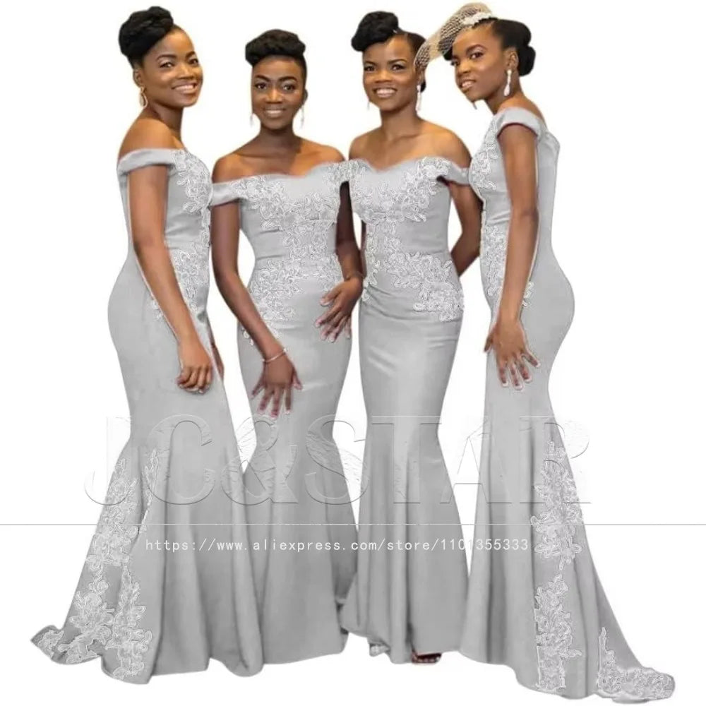 Burgundy Womens Off The Shoulder Mermaid Bridesmaid Dresses for Wedding Lace Satin Prom Dresses Long Formal Evening Gowns Africa