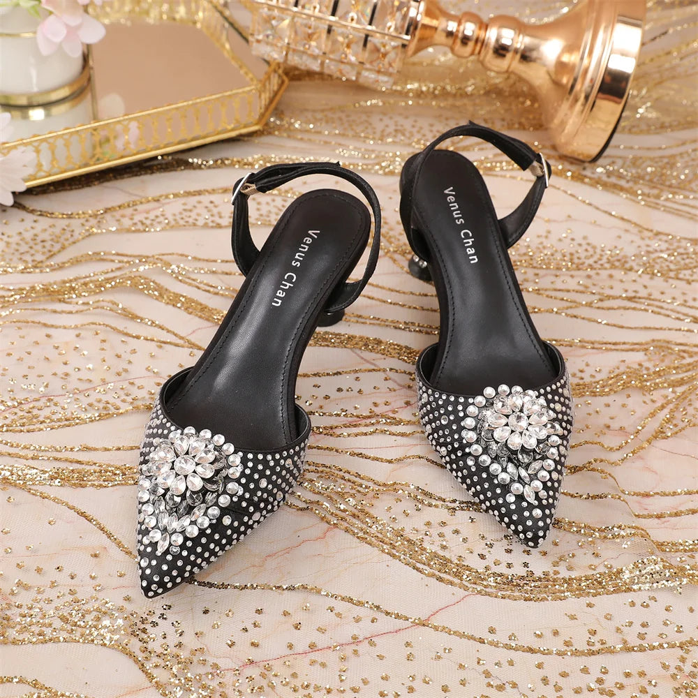 Luxury Elegant High Heels Royal Blue Color Diamond Embellished Pointed Toe Women's Shoes for Wedding Party Casual 2025 Style