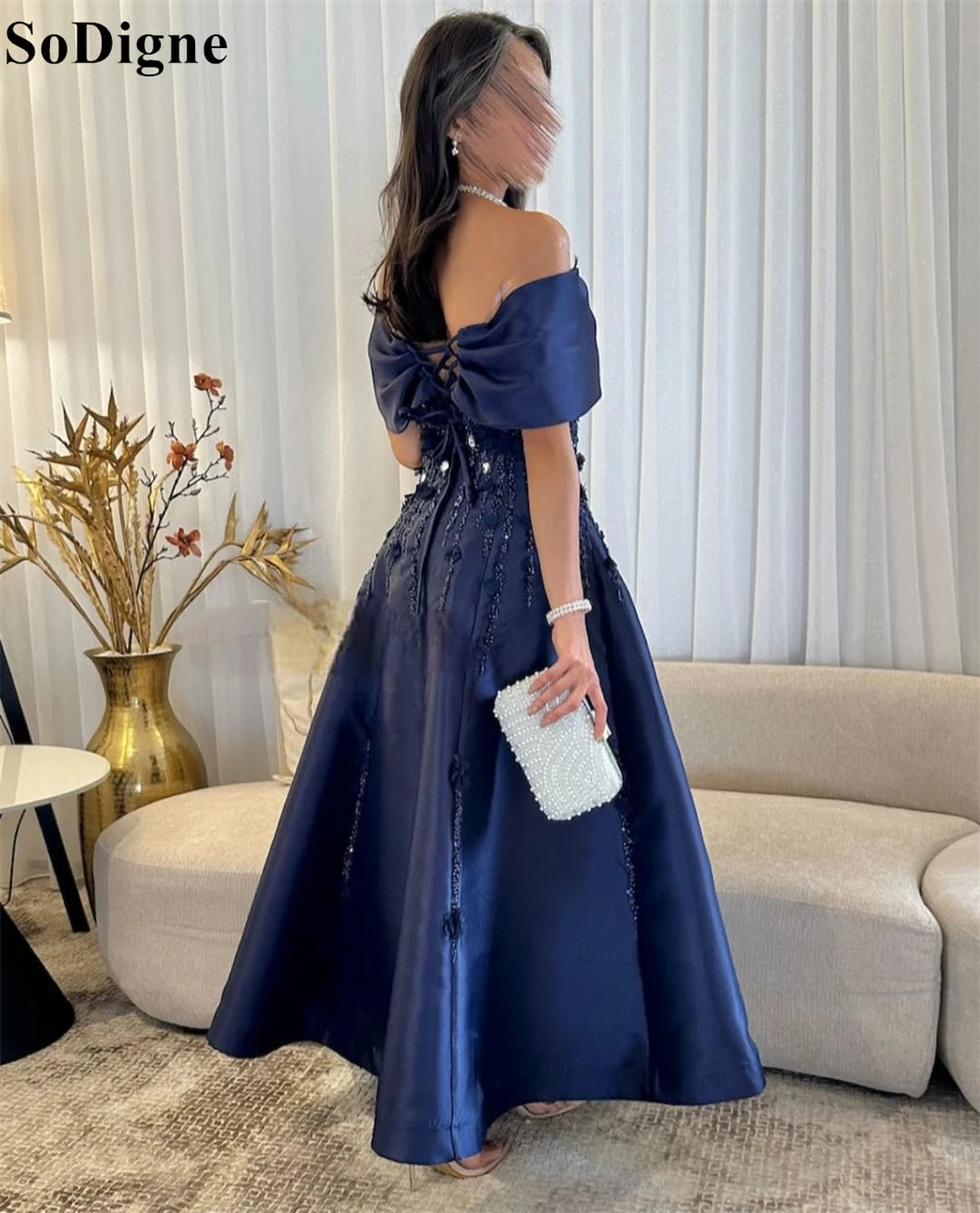 SoDigne Saudi Luxury Navy Blue Evening Dresses A-Line Beading Appliques Off Shoulder 2025 Royal Style Party Prom Gowns Customize