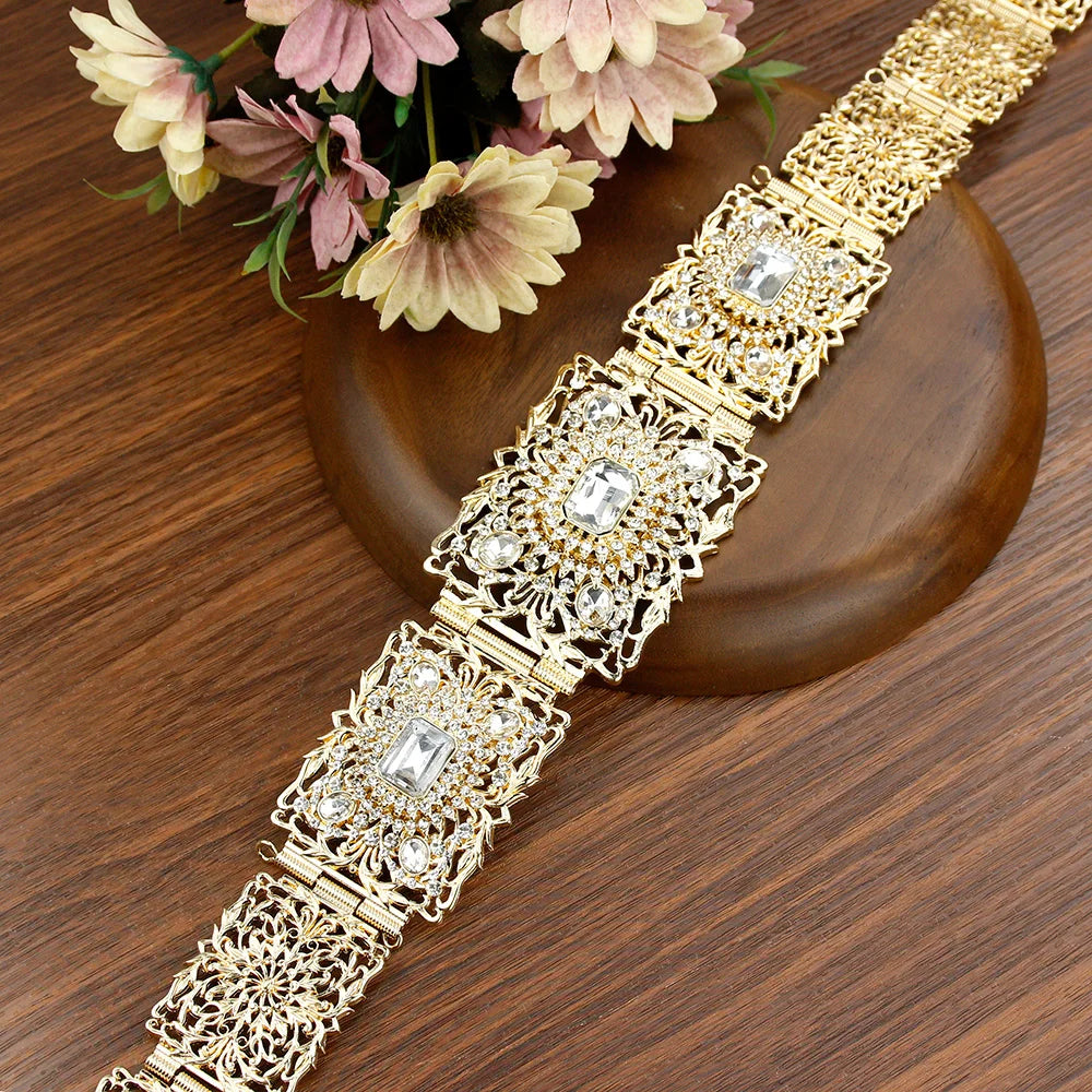 Sunspicems Gold Color Blue Crystal Morocco Caftan Belt For Women Algera Bride Wedding Belt Jewelry Decorative Waist Chain