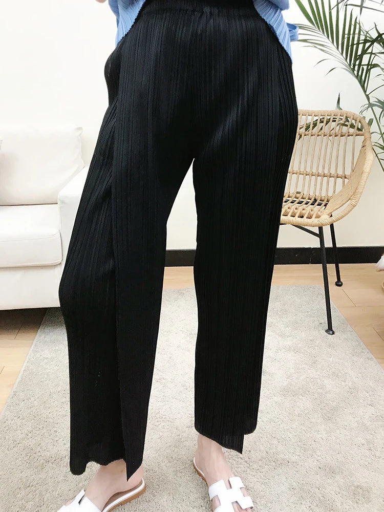 Miyake Pleated Black High Waist Split Side Straight Pants Women Causal Loose Cropped Trousers