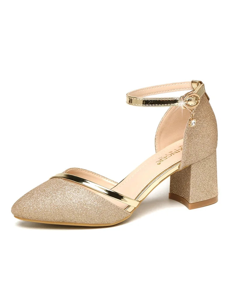 sapatos femininas women fashion high quality wedding silver square heel shoes lady cute sweet golden party heel pumps z304
