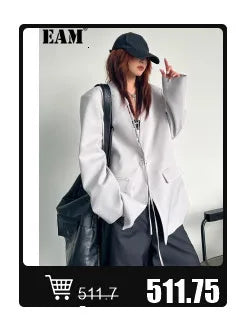 EAM Gray Spliced Pleated Personality Blazer Women New Lapel Long Sleeve Loose Fit Jacket Fashion Tide Spring Autumn 2025 30A1252