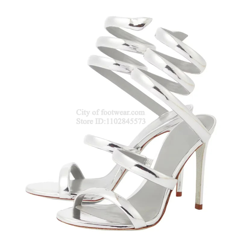 Metallic Leather Ankle Snake Warp Sandals Women's Summer Colorful Sexy Open Toe Sexy High Heels Luxury Designer Party Shoes