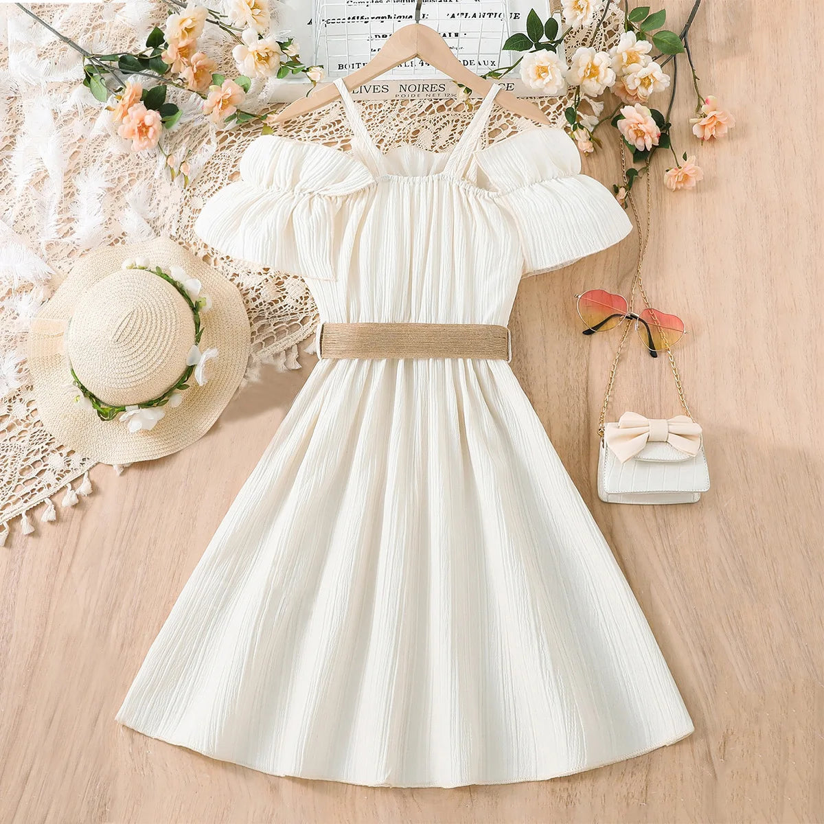 Summer Girl Dress Off Shoulder Fashion Girl Clothes Teenager Beach Dress with Belt Kid Outfits Children Clothing Plus Size Teens