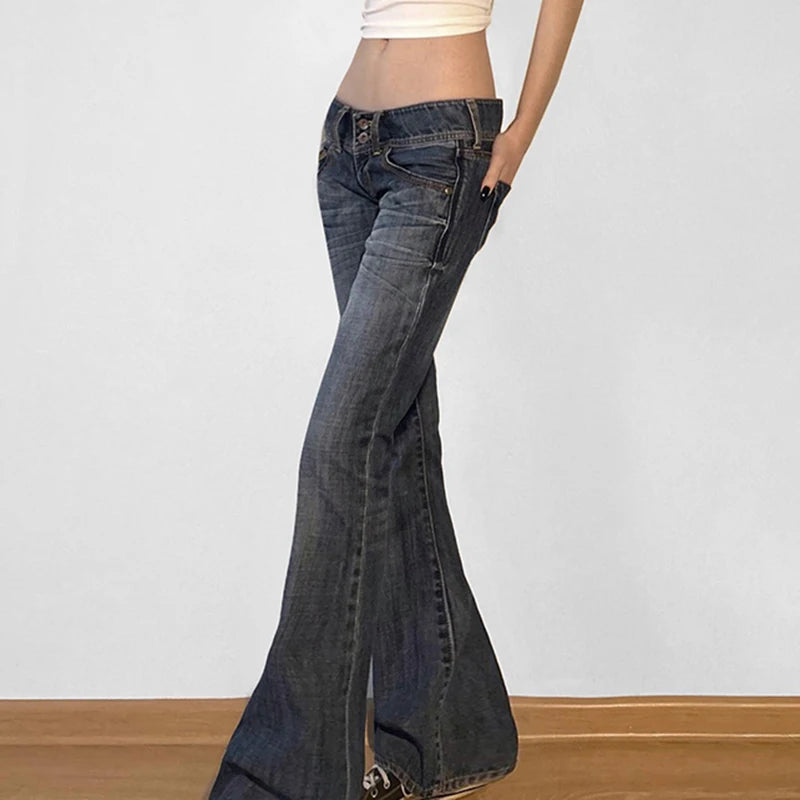 Cuteandpsycho Fashion Low Waisted Washed Flared Jeans Button Harajuku Aesthetic Pants Streetwear Basic Slim Pockets Y2K Bottoms