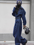 Blue Design Denim Jumpsuit Women'S Spring And Autumn Collar Fashionable Workwear Large Pocket Loose Pants