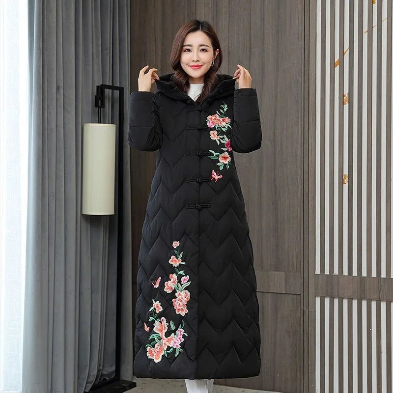 Winter Down Cotton Padded Women Chinese National Style Embroidered Long Outwear Thickened Warm Hooded Parkas Coat Female