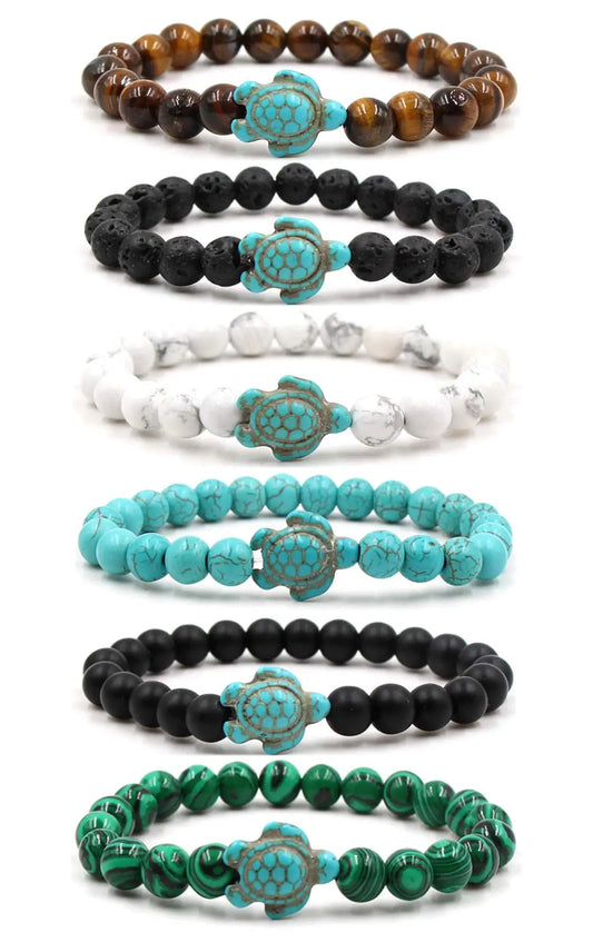 Turquoise Turtle Beads Bracelets for Women Men Tiger Eye Lava Rock Natural Stone Elastic Stretch Bracelet Beach Jewelry