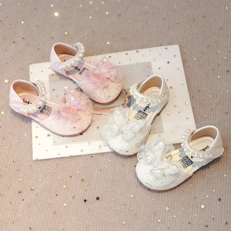 Chic Girls Dress Shoes for Wedding Party Bling Sequins with Rhinestone Butterfly Sweet Princess Chic Kids Flat Shoes Lace Beaded